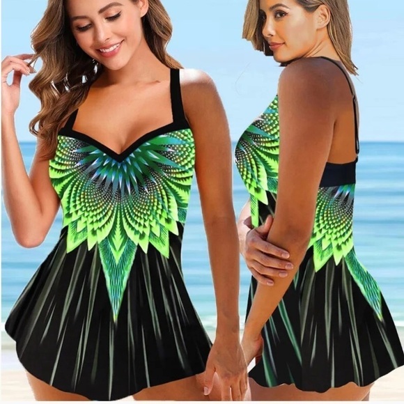 B2PRITY TANKINI Swim Dress Print Tankini Kelly Green & Black S… - Picture 1 of 9